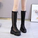 Summer New European America Style Height Increasing Platform Rivet Cut Out Mesh Genuine Leather Women Knee-High Long Boots 0704