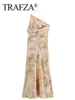 TRAFZA Women Summer New Casual Fold Tie-dye Sexy Dress Sleeveless Diagonal Collar Printed Backless Holiday Long Dresses Vestidos