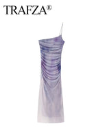 TRAFZA Female Hotsweet Sexy Dresses Gradient Color Slash-Neck Folds Sleeveless Zipper Summer Elegant And Pretty Women's Dresses