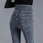 Women Winter Thicken Velvet Lined Skinny Denim Pants Streetwear Casual Pencil Jeans High Waist Warm Button Fly Stretch Vaqueros