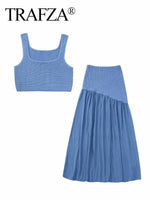 TRAFZA Women Fashion Blue Knitted Skirts Suit Vest Top+ Vintage Elastic Waist Pleated Skirt Elegant Woman Chic Set Streetwear