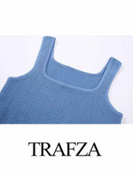 TRAFZA Women Fashion Blue Knitted Skirts Suit Vest Top+ Vintage Elastic Waist Pleated Skirt Elegant Woman Chic Set Streetwear