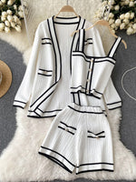 Casual Long Sleeve V Neck Cardigan Jacket + Sling Vest + High Waist Shorts High Quality Chic Button Knitted Vintage 3 Piece Sets