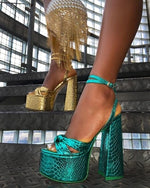 Gold Heels For Women Bow Knot Fashion Metalic Fashion Chunky Block Heel Sandals Ankle Strap Platform Sandals 2023 Summer New
