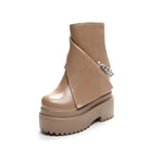 Spring Autumn Winter New Slim Height Increasing Platform Metal Chain Genuine Leather Women High-top Short Modern Trouser Boots