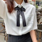 Women White Blouses Shirts Short Sleeve Print Rabbit Lapel 2023 Summer Tops Female Clothing Preppy Style JK Uniform Blusas