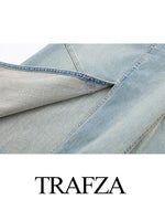 TRAFZA 2023 Summer Zip Slit Jean Short Sleeve  Long Dresses Women Streetwear Female Dress Woman Denim Dress