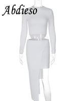 Abdieso 2023 Autumn Ribber Irregular Dress Two Piece Sets Casual Women Fashion Long Sleeve Top And Mini Skirt Sexy Matching Sets