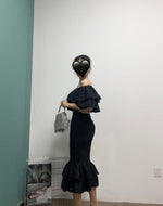 Western style, heavy industry, embroidery, hollowed-out ruffled one-word collar jacket, high elastic and slim fishtail overskirt