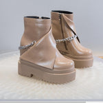 Spring Autumn Winter New Slim Height Increasing Platform Metal Chain Genuine Leather Women High-top Short Modern Trouser Boots