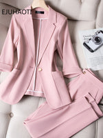 Casual Small Suit Jacket Women's Ninth Pants 2023 Summer Thin Korean Fashion Cropped Sleeve Coat Two Piece Sets Womens Outifits