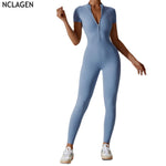NCLAGEN Zipper Short Sleeve Pants Yoga Jumpsuit For Women Fitness Gym Workout Quick Dry Breathable High Elastic Tracksuit