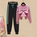 Spring and Autumn 2022 New Korean Fashion Bowknot Space Cotton Loose Top Sport Casual Pants Elegant Women's Two Piece Set