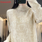 Spring/Summer Stereoscopic Hollow Wool Knit Sweater Women's Pullover Thin Fashion Long-Sleeved Half-High Collar Sexy Chic Top
