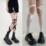 Jk Tie Lace Fishnet Stockings for Women Lolita Middle Tube Socks Sexy Straps Bandage Ribbon Japanese Over Knee Long Socks Party