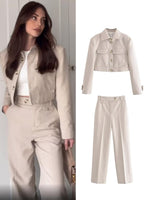 TRAF New Women Short Blazer Jackets Suits Sets 2023 Spring Single Breasted Casual Zipper Pencil Pants Holiday Style Outwear