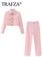 TRAFZA Woman Fashion Pant Suits Long Sleeve Pockets Jacket And High Waist Buttons Straight Pants Two Pieces Sets For Women