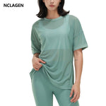 NCLAGEN Women Short Sleeve Sports T-shirt Mesh Breathable Quick Drying Summer Loose Leisure Fitness Top GYM Running Yoga Blouse