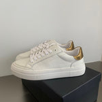Jenny&Dave British Fashion Gold Stitching Texture Leather Flat Shoes White Color Casual Vulcanized Shoes Women Sneakers