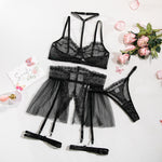MIRABELLE Ruffle Sexy Lingerie sets for Women Lace Patchwork Fancy Underwear Bra Thong Garter Outfit Transparent Luxury Intimate