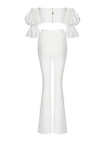 High Quality White Color Women Short Puff Sleeve Top Pants Set Royan Bandage Celebrity Fashion Women's Set