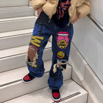 Women's 2023 Spring and Autumn New Spicy Girls Street Fashion Hip Hop Rock Letter Print Pattern Knee Hole Straight Leg Jeans