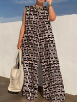 Wide Leg Pants Loose Fit Jumpsuits Women Summer O-Neck Sleeveless Printing Playsuits Patchwork Loungewear Rompers Dropshipping