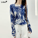Female O-neck Skinny Elegant Fashion Full T-shirts Floral Comfortable Elasticity Graceful Spring Autumn Women's Clothing 2022