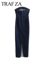 TRAFZA 2023 Women Elegant Denim Dress Strapless Back Zipper Slit Dresses Summer Female Off Shoulder Backless Denim Long Dress