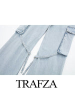 TRAFZA Women 2023 Fashion Solid Color Jeans Lace up With Pocket Wide Leg Jeans Female Casual Loose Straight Denim Trousers Woman