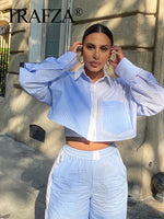 TRAFZA Lazy Wind Fashion Vintage Patchwork Blue Long-Sleeved Striped Shirt Wide Leg Pants Shorts Female