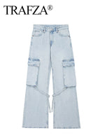 TRAFZA Women 2023 Fashion Solid Color Jeans Lace up With Pocket Wide Leg Jeans Female Casual Loose Straight Denim Trousers Woman
