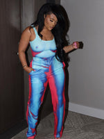 FQLWL Streetwear 2 Two Piece Sets Tracksuit Women rave Outfits Sleeveless Crop Tops Pants Sets Print Tie Dye Matching Sets 2023
