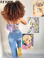 Akaily Summer Y2K Print Graphic Crop Tops For Women 2023 Streetwear Spaghetti Strap Backless Tank Tops Pink Bandage Camisole Top