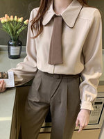 Zoki Japan Sweet Tie Casual Shirt Women Fashion Preppy Style Long Sleeve Blouse Korean All Match Female Solid Color Chic Tops