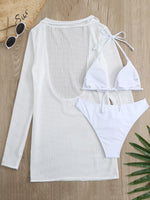 Slit Cuff Plunge Neck Three Pieces Bikini Set with Cover Up Plain Swimsuit Women Swimwear 2023 Bikinis Summer Beach Bathing Suit
