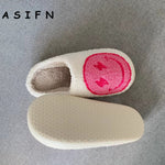 ASIFN Smile Face Slippers Women Men Fluffy House Cute Smile Print Gift Fleece Flat Ladies Indoor Winter Shoes