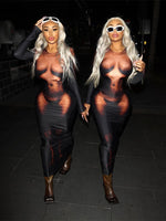 Kliou Y2K 3D Body Print Maxi Dress Women Aesthetic Long Sleeve Unique Sexy Body-Shaping Attirewear Robe Party Clubwear Clothing