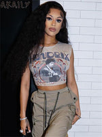 Akaily Summer Graphic Crop Off Shoulder  Tank Top For Women 2023 Streetwear Y2k Fashion Sleeveless Tops Casual Vacation Tees