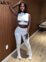 Kliou Casual Hollow Out Two Piece Set Women Concise Sleeveless O-neck Cropped Tanks + High Waist Skinny Pants Female Streetwear