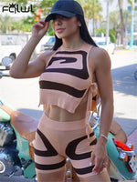 FQLWL Summer Apricot Bodycon Pink Stripe 2 Two Piece Sets Casual Vacation Outfits For Women 2023 Green Sexy Booty Shorts Set