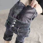 Women Winter Thicken Velvet Lined Skinny Denim Pants Streetwear Casual Pencil Jeans High Waist Warm Button Fly Stretch Vaqueros