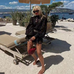 New fashion openwork stitching stand-up collar shirt+mini ladies shorts suit with heavy belt
