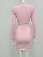 New Winter Style Sexy Long Sleeve Key Hole Button Pink Mini Women Bodycon Bandage Dress 2022 Elegant Evening Club Party Dress