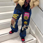 Women's 2023 Spring and Autumn New Spicy Girls Street Fashion Hip Hop Rock Letter Print Pattern Knee Hole Straight Leg Jeans