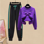 Spring and Autumn 2022 New Korean Fashion Bowknot Space Cotton Loose Top Sport Casual Pants Elegant Women's Two Piece Set