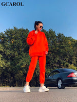 GCAROL Women Long Hooded Suits 80% Cotton Tracksuit Set Fleece Oversize Boyfriend Unisex Sweatshirt Elastic Waist Harem Pants