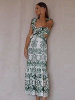 Women Chic Elegant Ruffles Hollow Out Maxi Dress Sexy V Neck Open Back Sleeveless Lace Up Vestido 2023 Summer Lady Fashion Robe