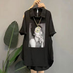 Streetwear Stylish Printed Midi Blouse Summer Commute Short Sleeve Women's Clothing Korean Casual Loose Polo-Neck Button Shirt