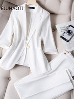 Casual Small Suit Jacket Women's Ninth Pants 2023 Summer Thin Korean Fashion Cropped Sleeve Coat Two Piece Sets Womens Outifits